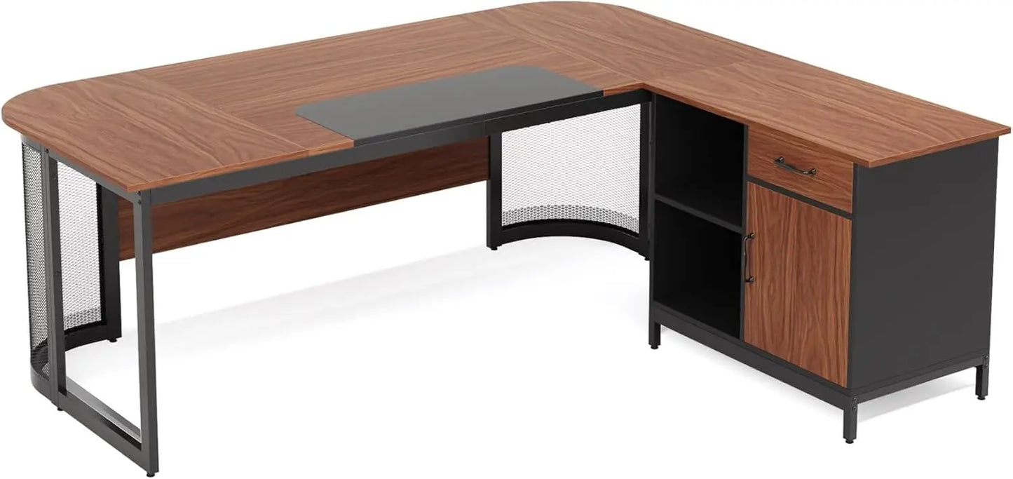 63" L-Shaped Executive Desk with Storage Cabinet – Vintage Walnut Wood Grain Office Desk, Spacious Workstation
