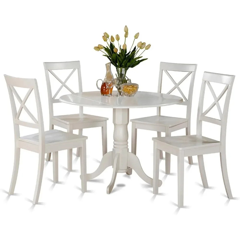 5-Piece Solid Wood Dining Set – Round Table and 4 Chairs, Rubberwood with Linen White Finish