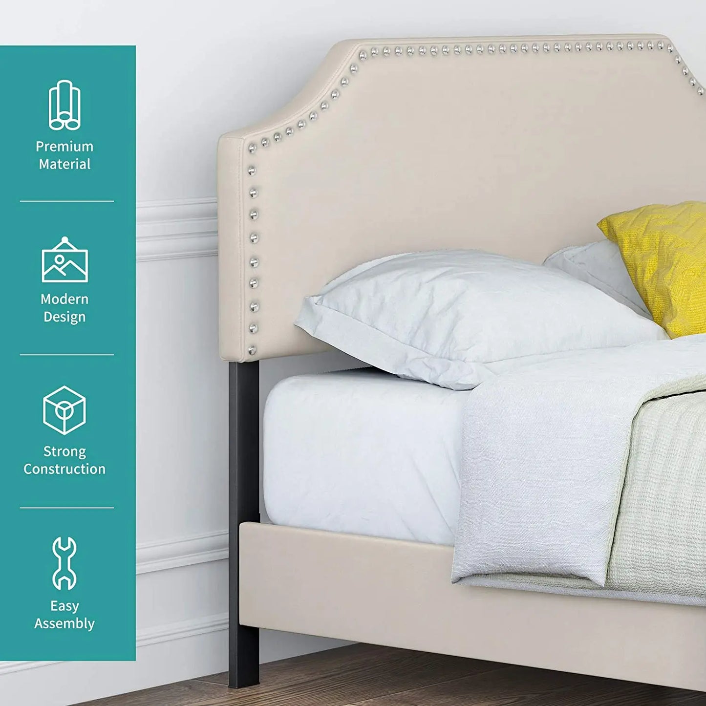 Full Upholstered Linen Platform Bed - Curved Headboard & Footboard with Metal Frame
