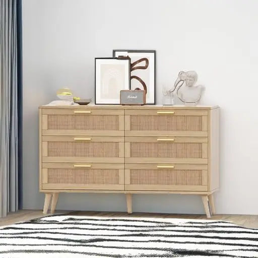 6 Drawer Double Dresser for Bedroom, Rattan Chest of Dressers, Modern Wooden Dresser Chest , Living Room and Entryway, Natural