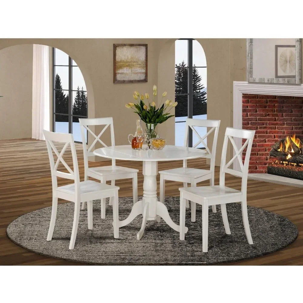 5-Piece Solid Wood Dining Set – Round Table and 4 Chairs, Rubberwood with Linen White Finish