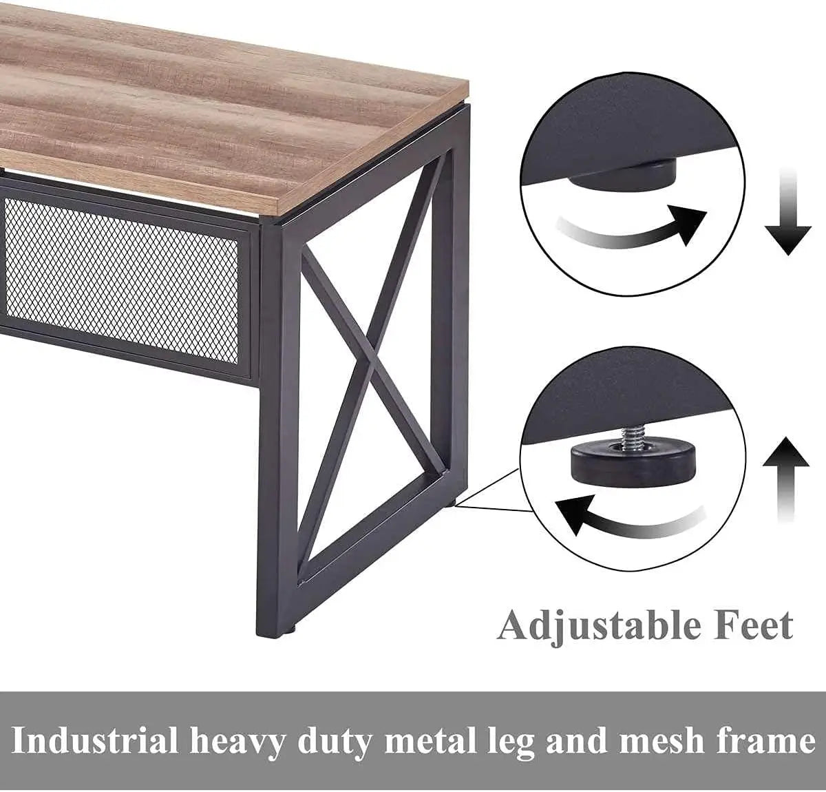 60-Inch Industrial Computer Desk - Large Adjustable Office Desk with Wood Grain Finish and Sturdy Metal Frame