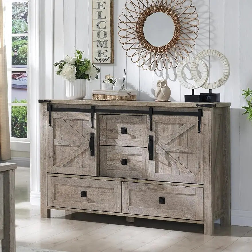 Farmhouse Dresser with Drawers&Sliding Barn Doors, all Chest of Drawers,Rustic Dresser TV Stand w/Shell for Bedroom, Living Room