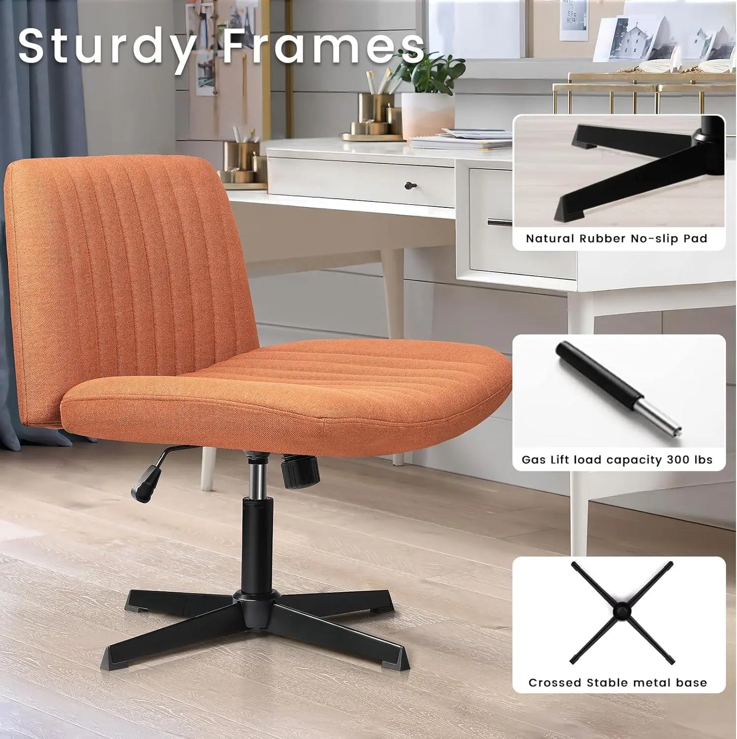 Ergonomic Armless Office Chair – Wheelless, Twill Fabric Upholstery, Adjustable Height, and Tilt, Supports Up to 350 lbs