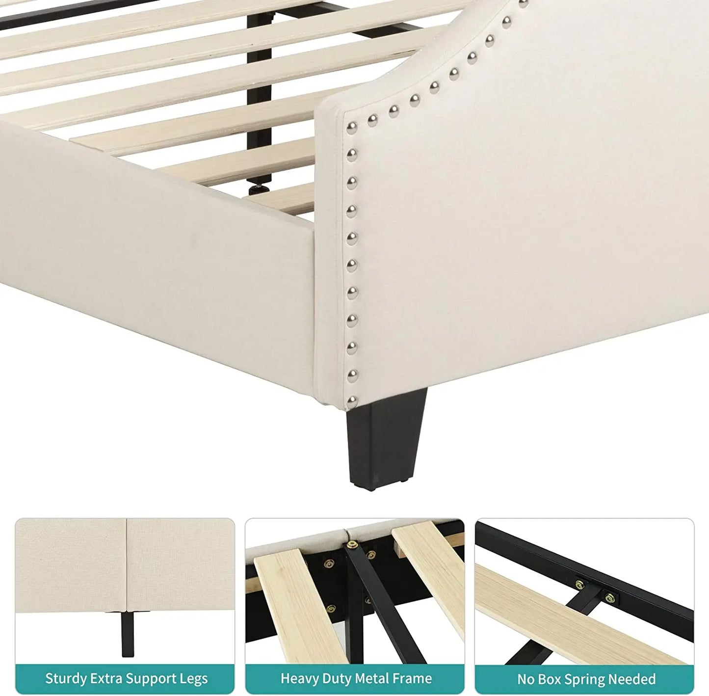 Full Upholstered Linen Platform Bed - Curved Headboard & Footboard with Metal Frame