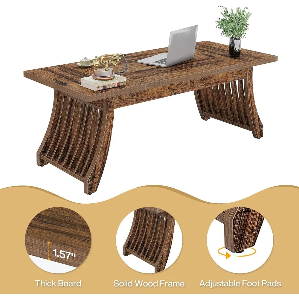62" Retro Farmhouse Executive Desk – Spacious Wooden Computer Desk with Thick Tabletop and Heavy-Duty Legs, Antique Brown