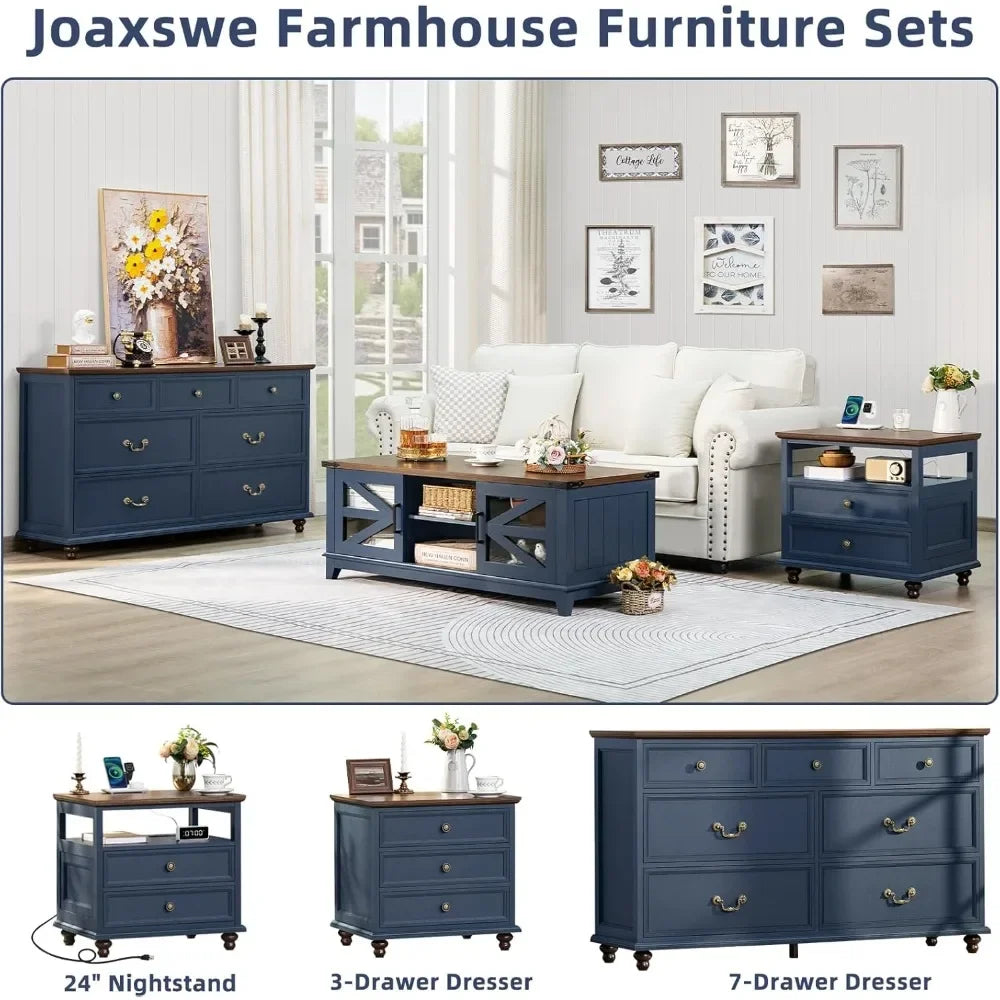 Farmhouse 54" 7 Drawers Dresser for Bedroom, Wide Wood Chest of Drawers w/ 4 Wooden Legs