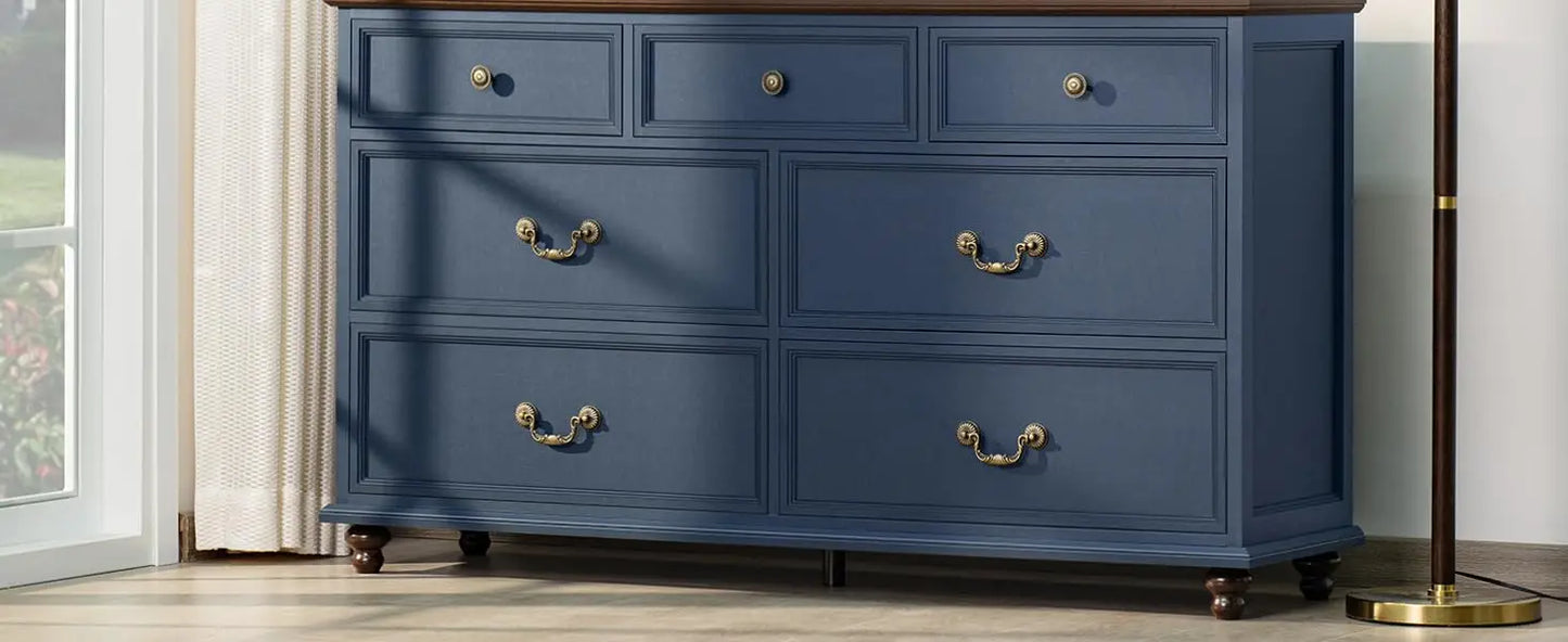Farmhouse 54" 7 Drawers Dresser for Bedroom, Wide Wood Chest of Drawers w/ 4 Wooden Legs