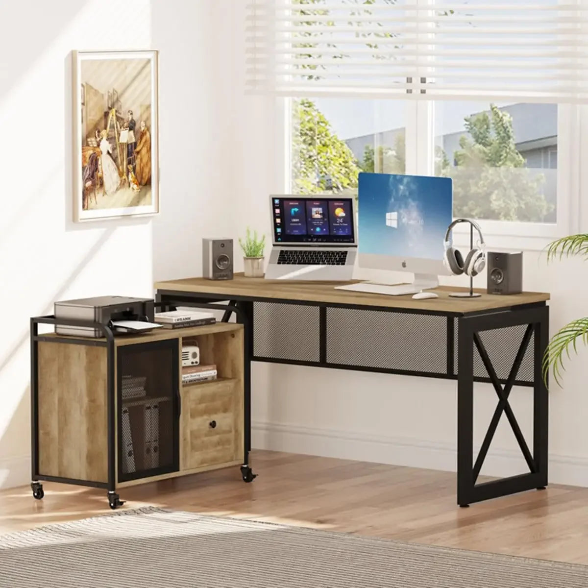 60-Inch Industrial Computer Desk - Large Adjustable Office Desk with Wood Grain Finish and Sturdy Metal Frame