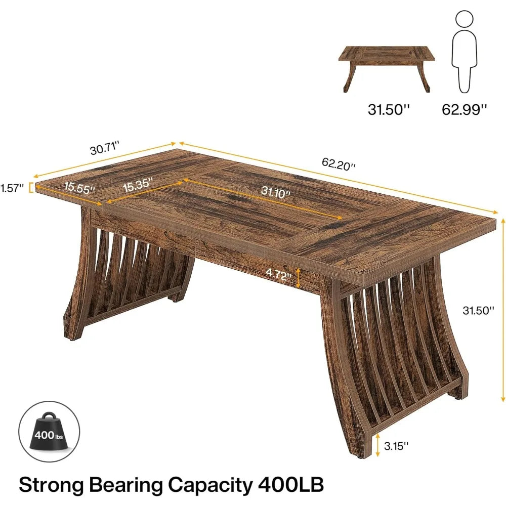 62" Retro Farmhouse Executive Desk – Spacious Wooden Computer Desk with Thick Tabletop and Heavy-Duty Legs, Antique Brown