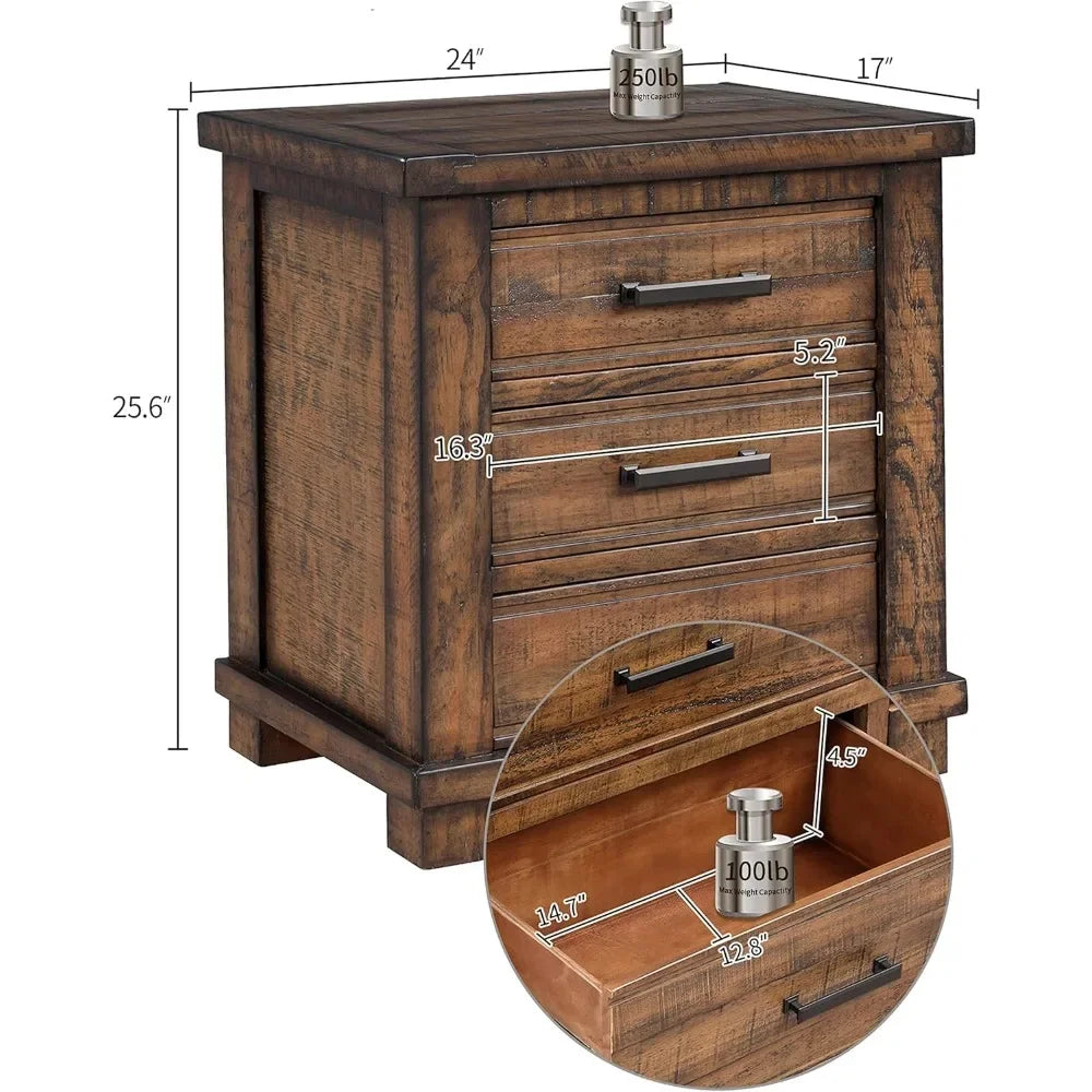 Farmhouse 3-Drawer Nightstand, Reclaimed Pine Wood Bedside Table Night Stand Sofa Side End Table with Antique Metal Handles