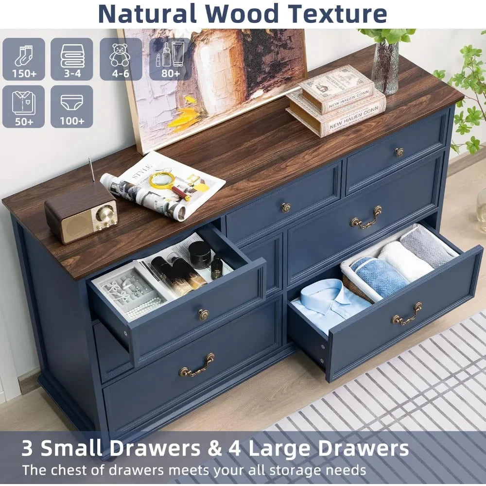 Farmhouse 54" 7 Drawers Dresser for Bedroom, Wide Wood Chest of Drawers w/ 4 Wooden Legs