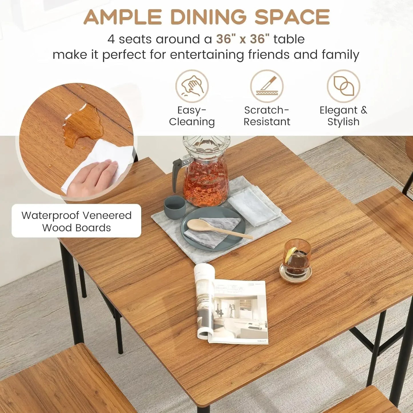 5-Piece Industrial Counter Height Dining Set – Square Table with 4 Bar Stools, Walnut MDF and Steel Frame