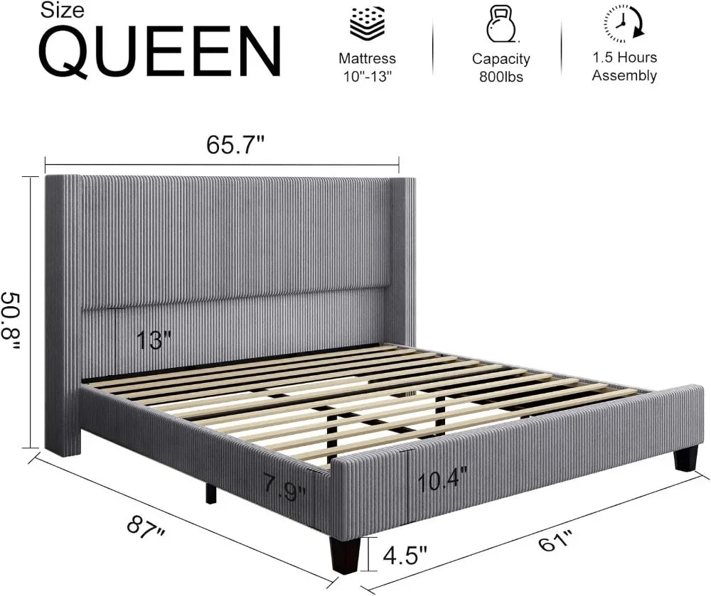 Classic Style Queen Bed Frame with Winged Headboard - Elegant Upholstery and Solid Wood Legs