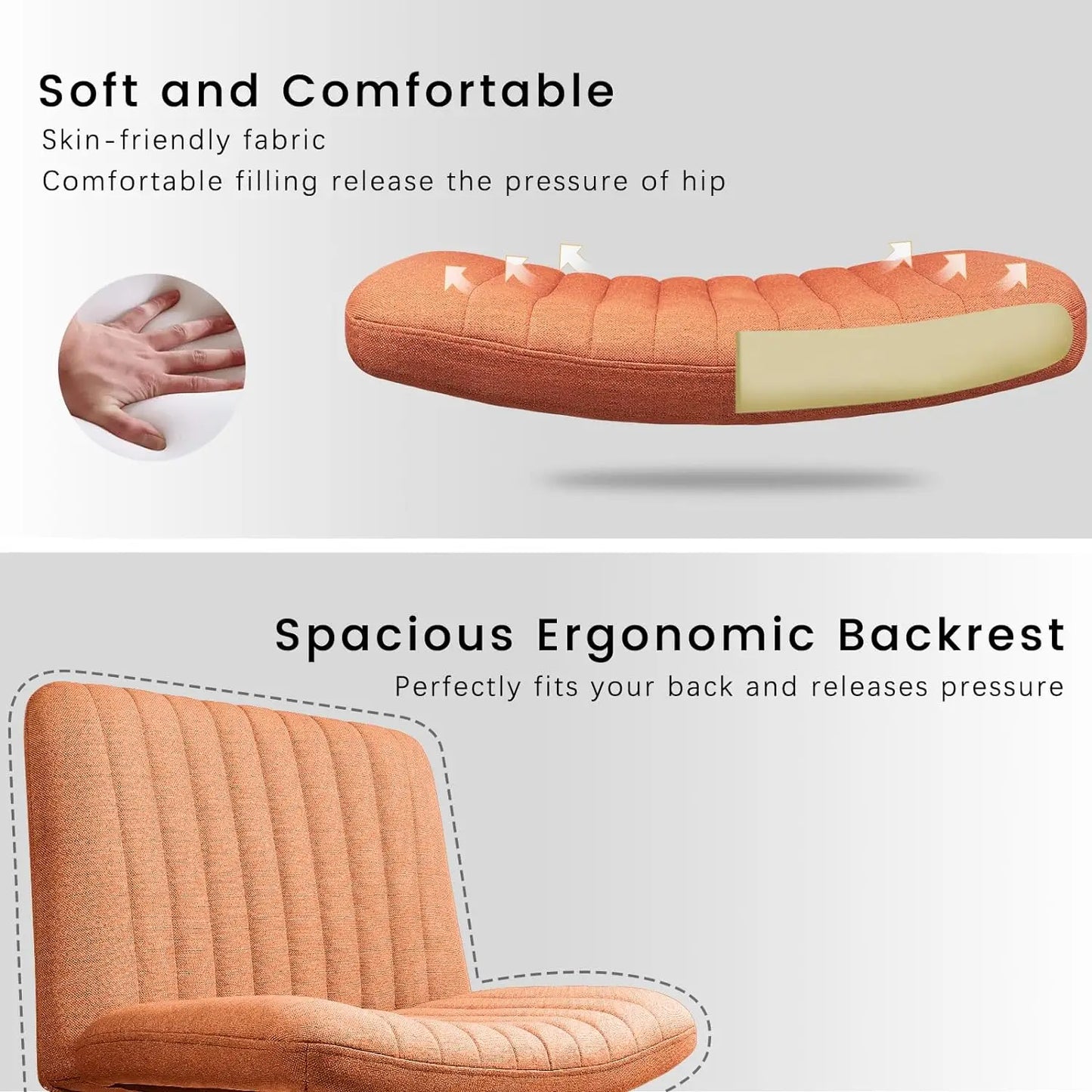 Ergonomic Armless Office Chair – Wheelless, Twill Fabric Upholstery, Adjustable Height, and Tilt, Supports Up to 350 lbs