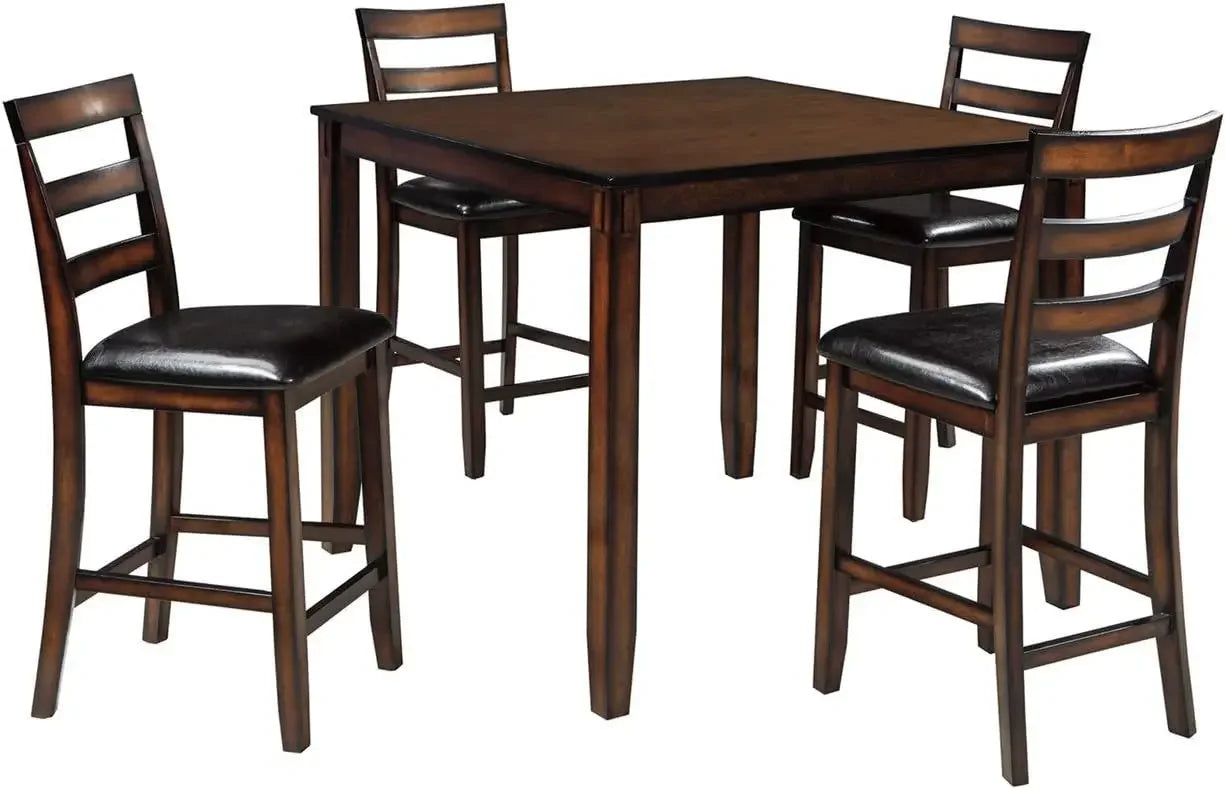 5-Piece Counter Height Dining Set – Rectangular Table with 4 Faux Leather Barstools, Brown Finish