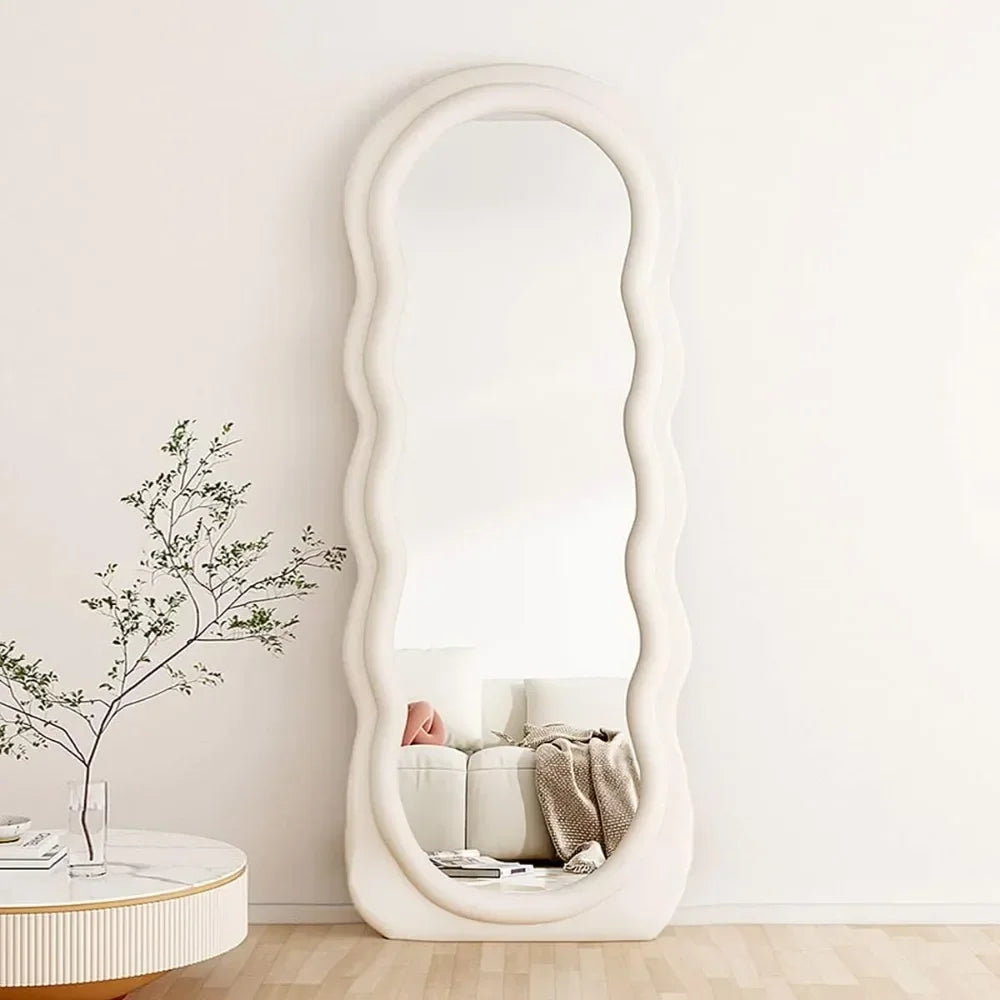Mirror,Arched Top Large Mirror Full Body With Lights Flannel Frame Fashion Modern Design Wavy Wall Mirror Standing Living Room