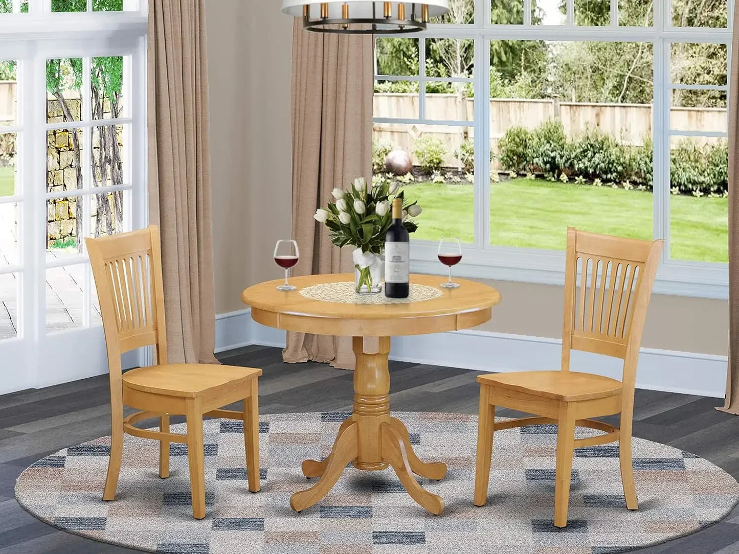 3-Piece Dining Room Set – Round Pedestal Table and 2 Wooden Chairs, 36"x36", Linen White