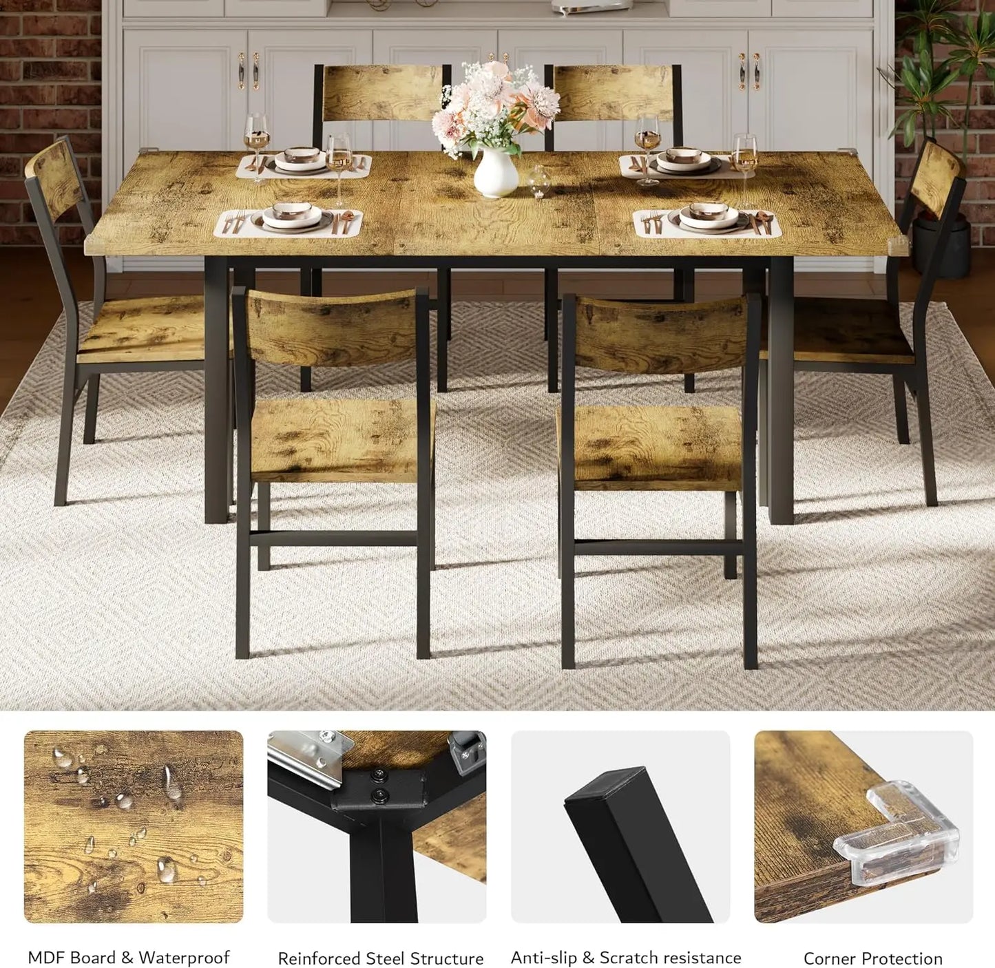 Extendable Modern Walnut Dining Table and Chair Set – 7-Piece Set for 4-8 Persons