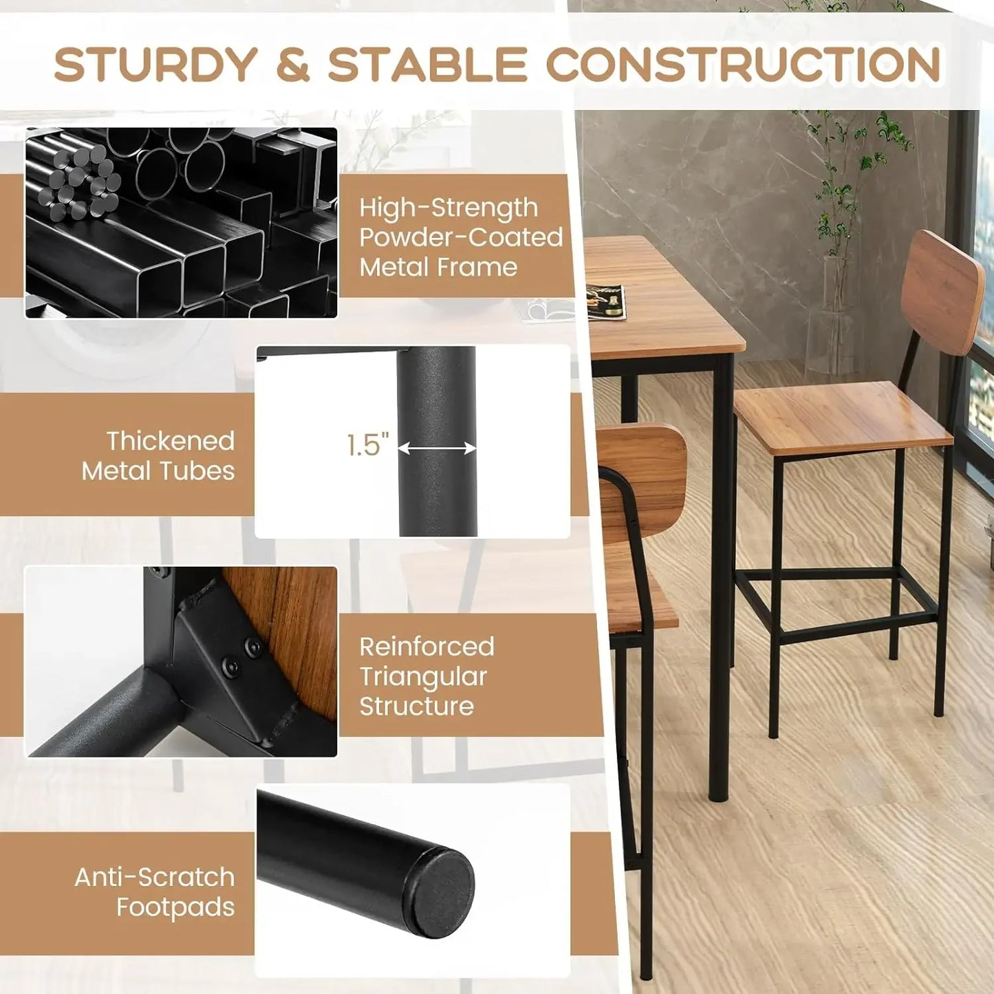 5-Piece Industrial Counter Height Dining Set – Square Table with 4 Bar Stools, Walnut MDF and Steel Frame