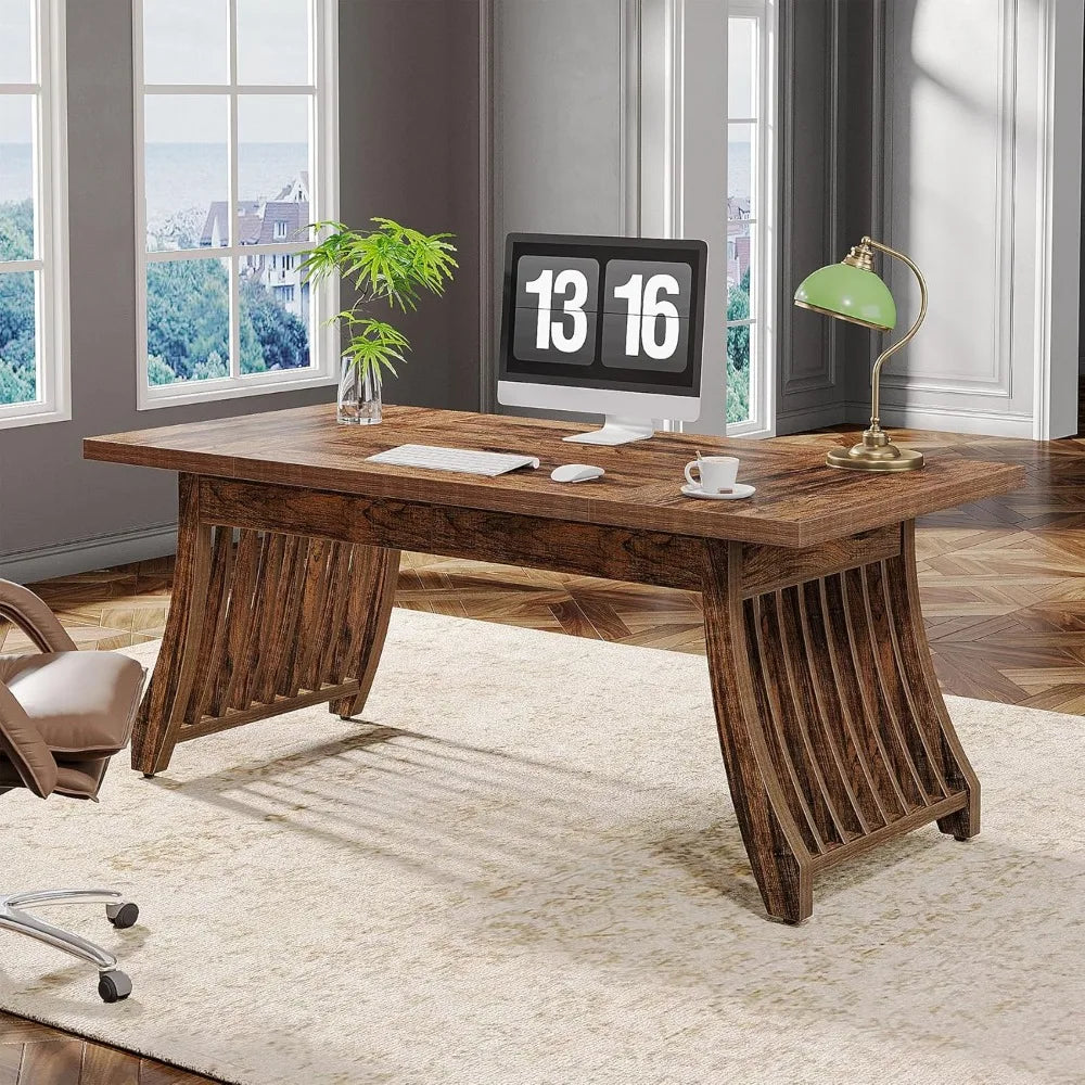 62" Retro Farmhouse Executive Desk – Spacious Wooden Computer Desk with Thick Tabletop and Heavy-Duty Legs, Antique Brown
