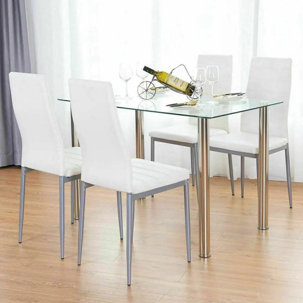 5-Piece Tempered Glass Dining Set – Modern Dining Table with 4 PU Leather Chairs, Stainless Steel Frame