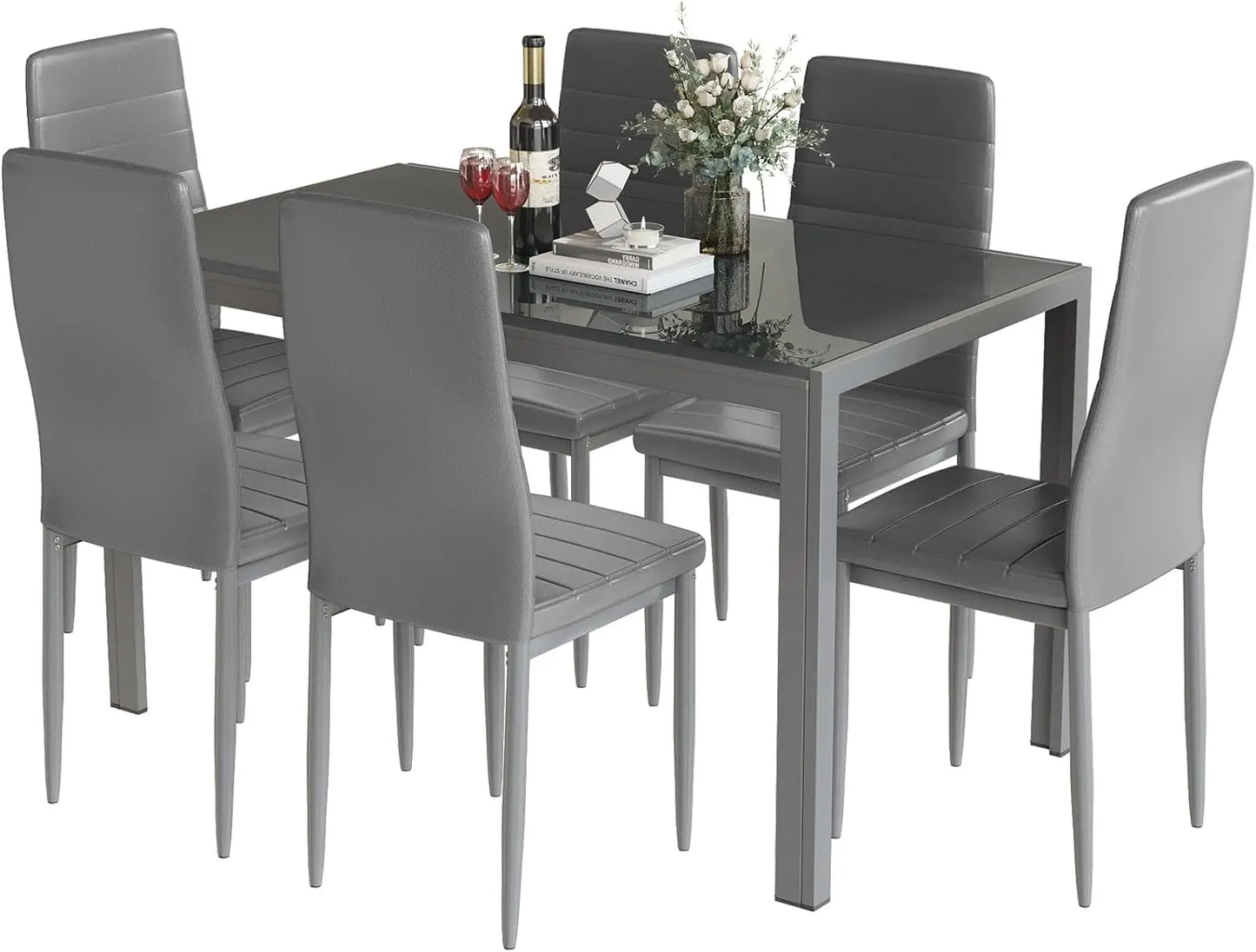 7-Piece Modern Dining Table Set – Rectangular Faux Marble Table with 4 PU Leather Chairs, Space-Saving Design