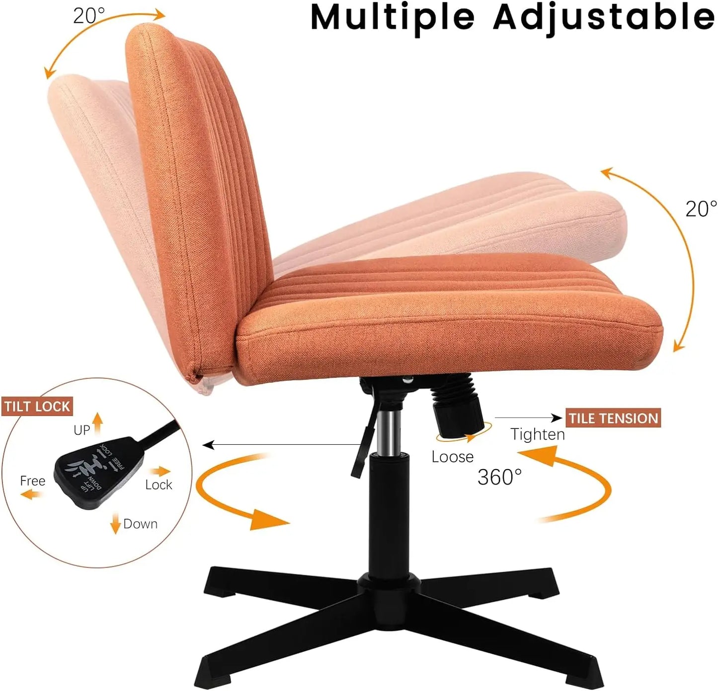 Ergonomic Armless Office Chair – Wheelless, Twill Fabric Upholstery, Adjustable Height, and Tilt, Supports Up to 350 lbs