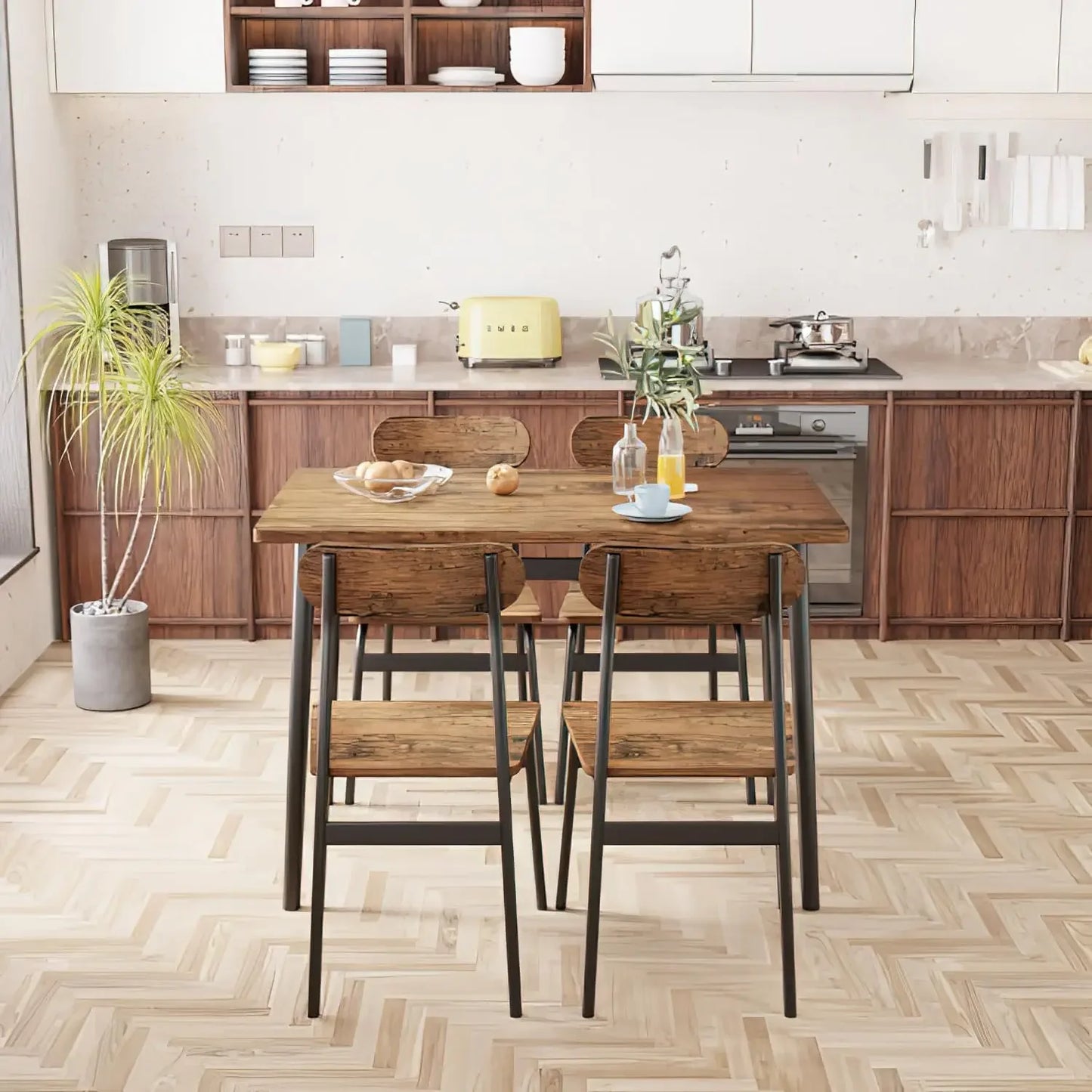 Kitchen Dining Table Set for 4, Modern Rectangular 5 Piece Dining Room Table and Chairs Set, Brown wooden Metal Table Set