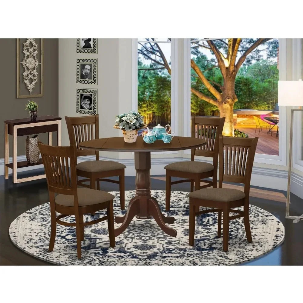 5-Piece Mid-Century Dining Set – Round Drop-Leaf Table with 4 Linen Upholstered Chairs, Rubber Wood, Espresso Finish
