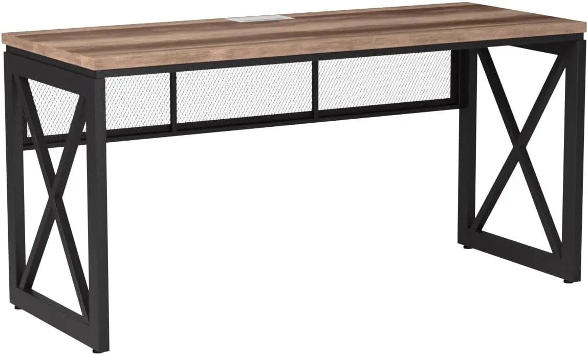 60-Inch Industrial Computer Desk - Large Adjustable Office Desk with Wood Grain Finish and Sturdy Metal Frame