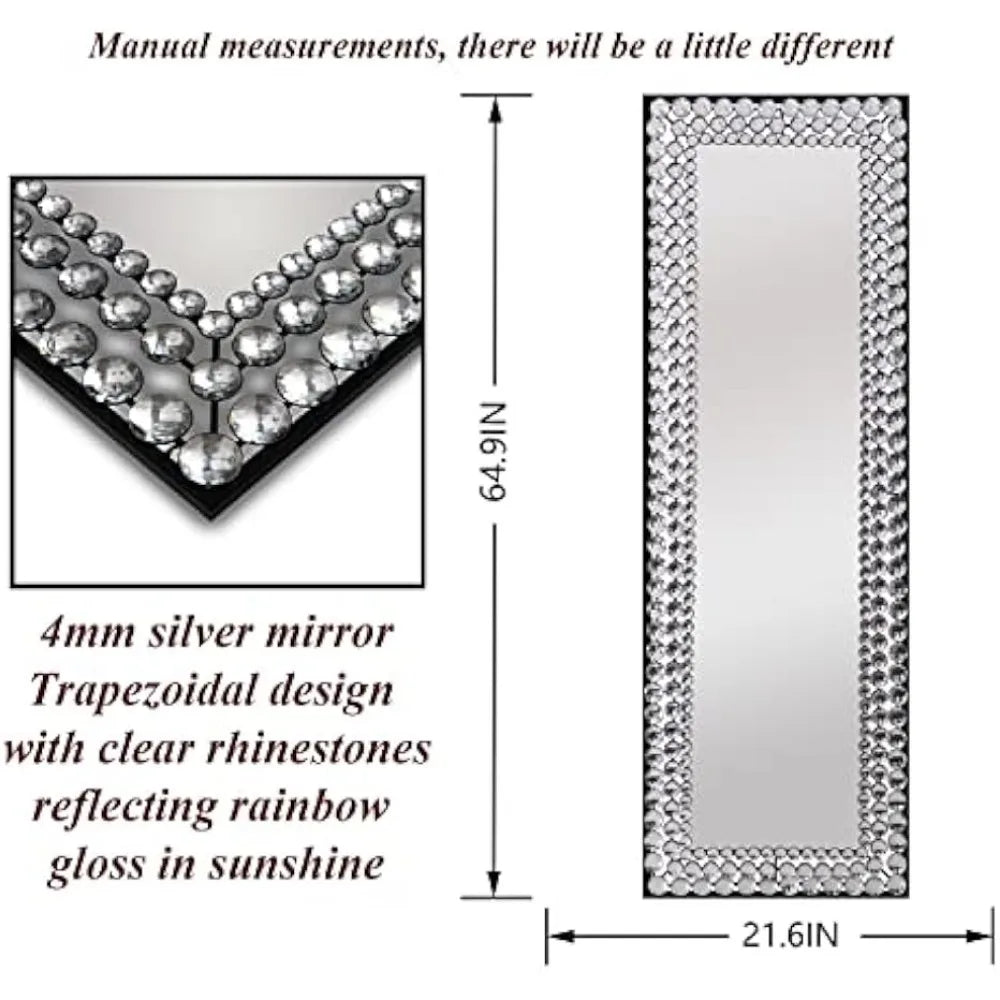 Full Length Mirror - Jeweled Floor Mirror Accented Crystal Metal Frame, Wall-Mounted or Standing Full Body Mirror 65”*22”