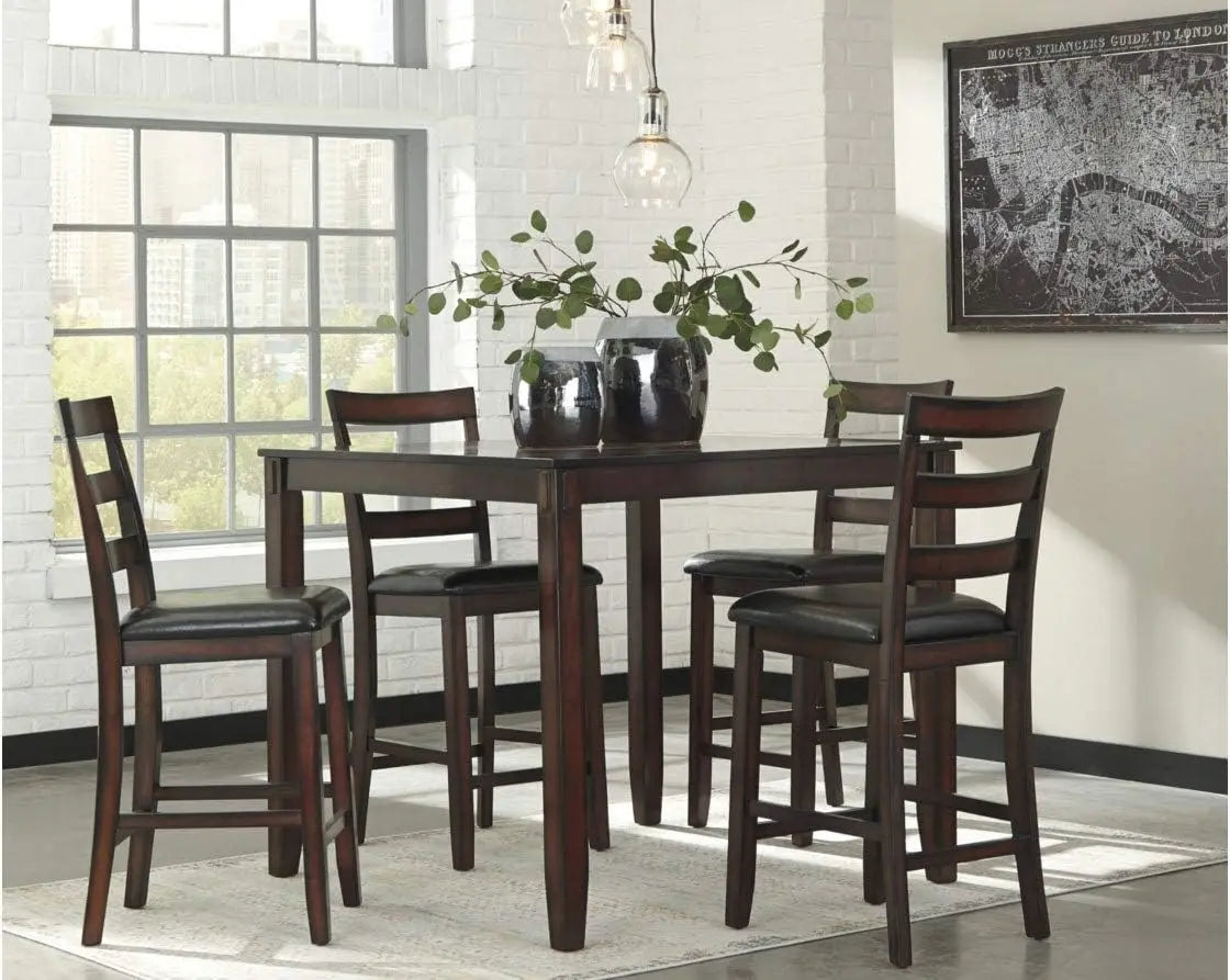 5-Piece Counter Height Dining Set – Rectangular Table with 4 Faux Leather Barstools, Brown Finish