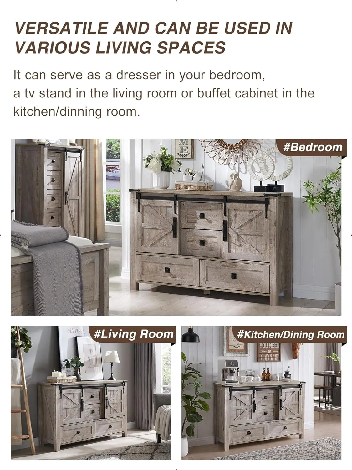 Farmhouse Dresser with Drawers&Sliding Barn Doors, all Chest of Drawers,Rustic Dresser TV Stand w/Shell for Bedroom, Living Room