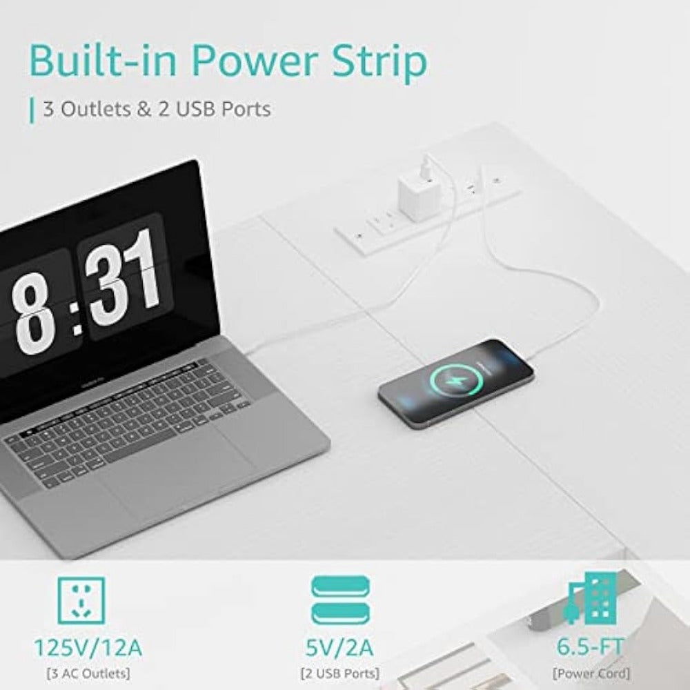 Modern L-Shaped Computer Desk with Built-in Power Strip and Storage Shelves – Wooden