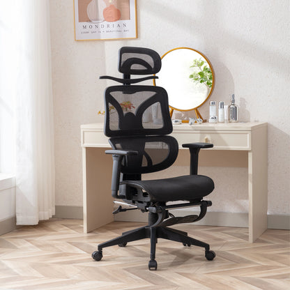 Ergonomic Mesh Office Chair with Lumbar Support, Adjustable Headrest, and Retractable Footrest