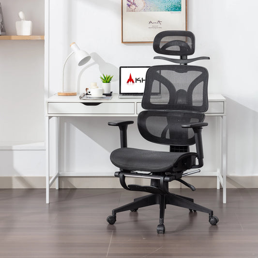 Ergonomic Mesh Office Chair with Lumbar Support, Adjustable Headrest, and Retractable Footrest