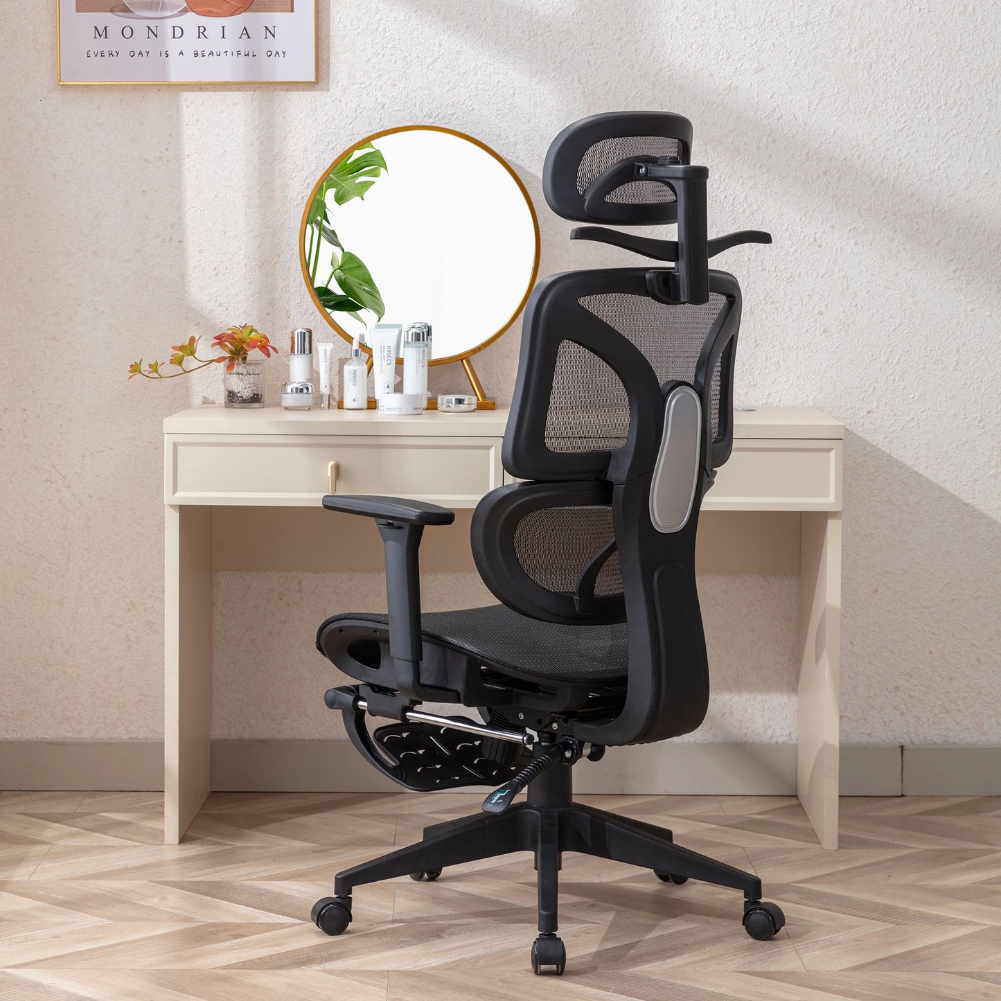 Ergonomic Mesh Office Chair with Lumbar Support, Adjustable Headrest, and Retractable Footrest