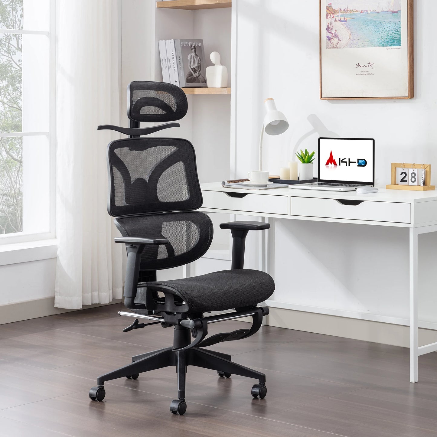 Ergonomic Mesh Office Chair with Lumbar Support, Adjustable Headrest, and Retractable Footrest