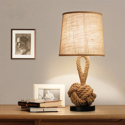 American Retro Table Lamp – Handcrafted Rope Design, Fabric Shade, Ideal for Bedroom, Study, and Living Room Decor