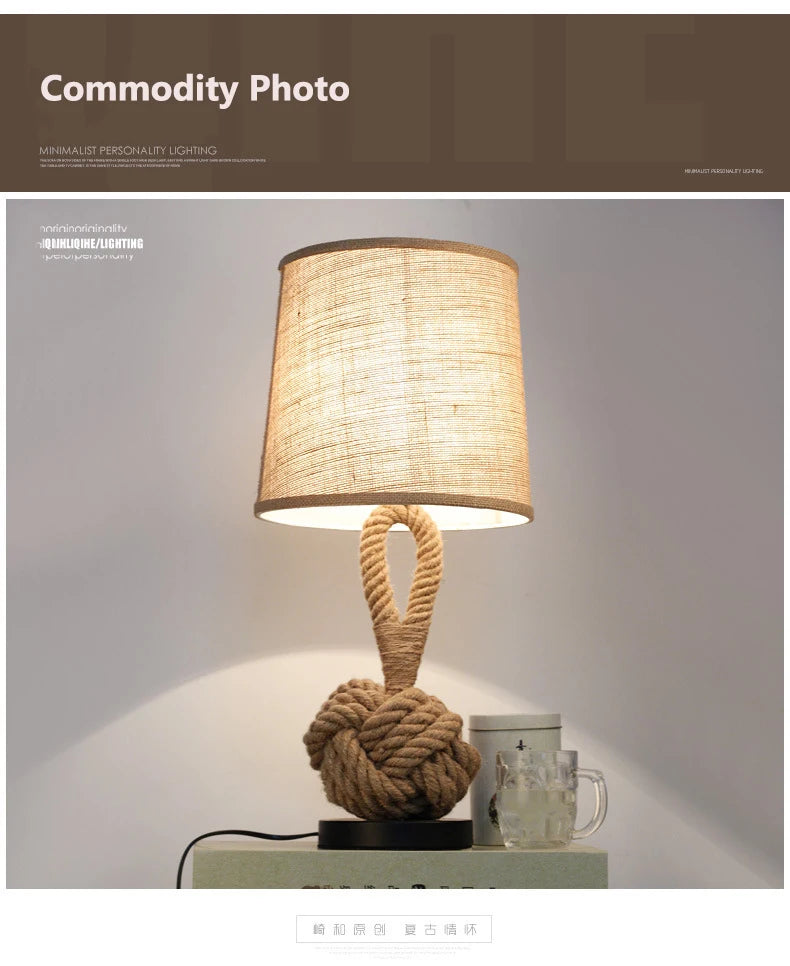 American Retro Table Lamp – Handcrafted Rope Design, Fabric Shade, Ideal for Bedroom, Study, and Living Room Decor