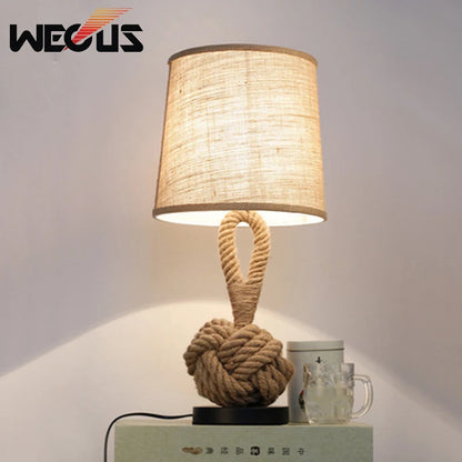 American Retro Table Lamp – Handcrafted Rope Design, Fabric Shade, Ideal for Bedroom, Study, and Living Room Decor