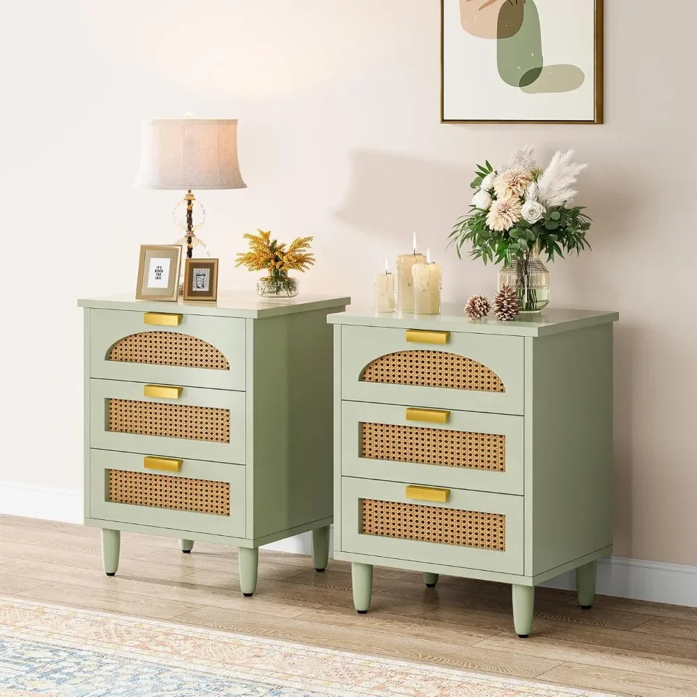 Mint Green Nightstand, 3-Drawer Rattan Night Stand Side Table, Accent Bedside Tables End Table for Bedroom and Small nightstand