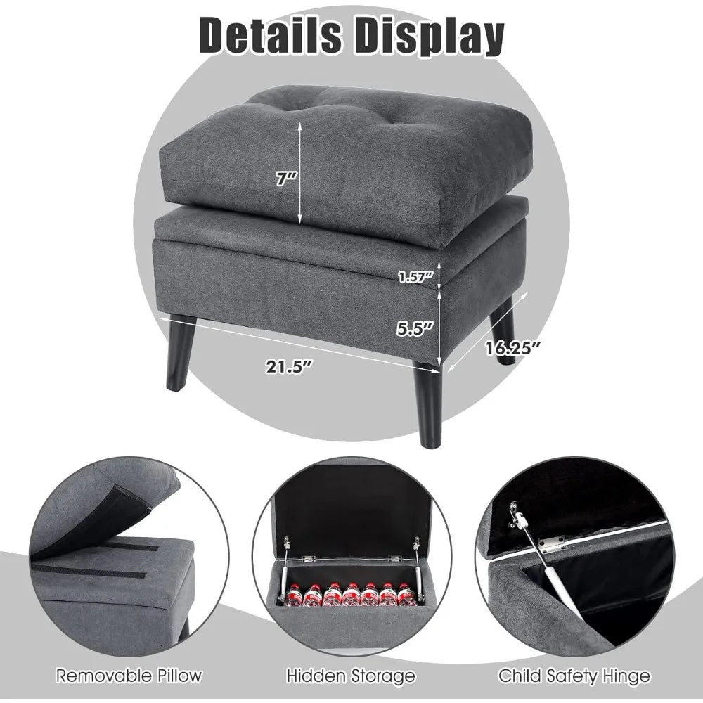 Grey Wingback Accent Chair with Ottoman, 5-Position Adjustable Backrest, Storage Ottoman, Solid Wood Frame, Modern Lounge Chair for Living Room, Office, or Bedroom