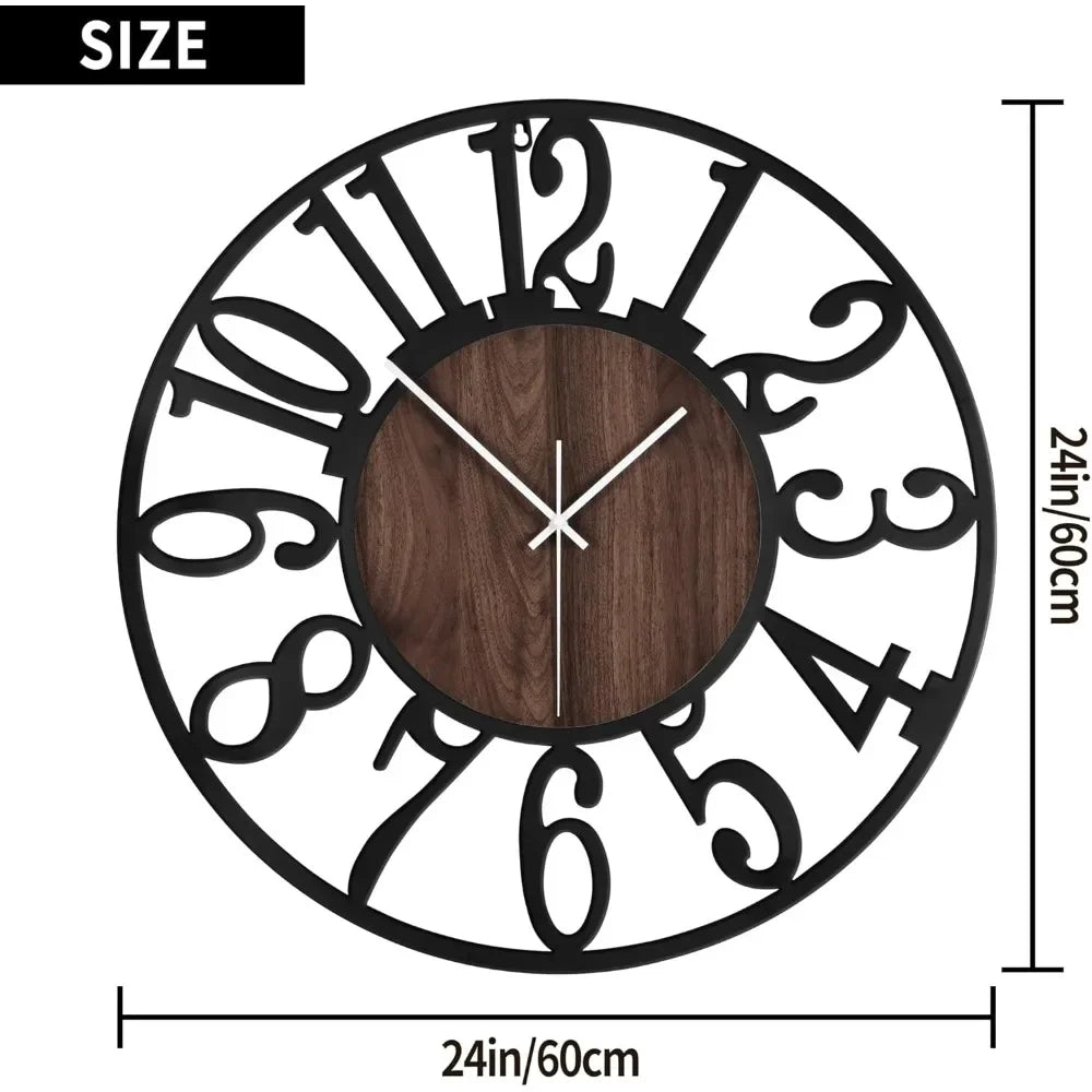 Round Black Metal Wood Wall Clock – 24-Inch Silent Decorative Clock