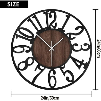 Round Black Metal Wood Wall Clock – 24-Inch Silent Decorative Clock