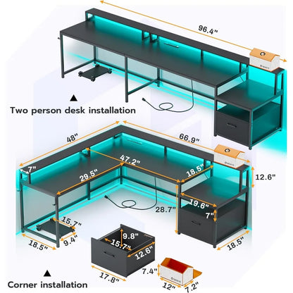 Modern L-Shaped Office Desk with LED Lights, Storage Shelves, File Drawer & Power Outlet (Black)