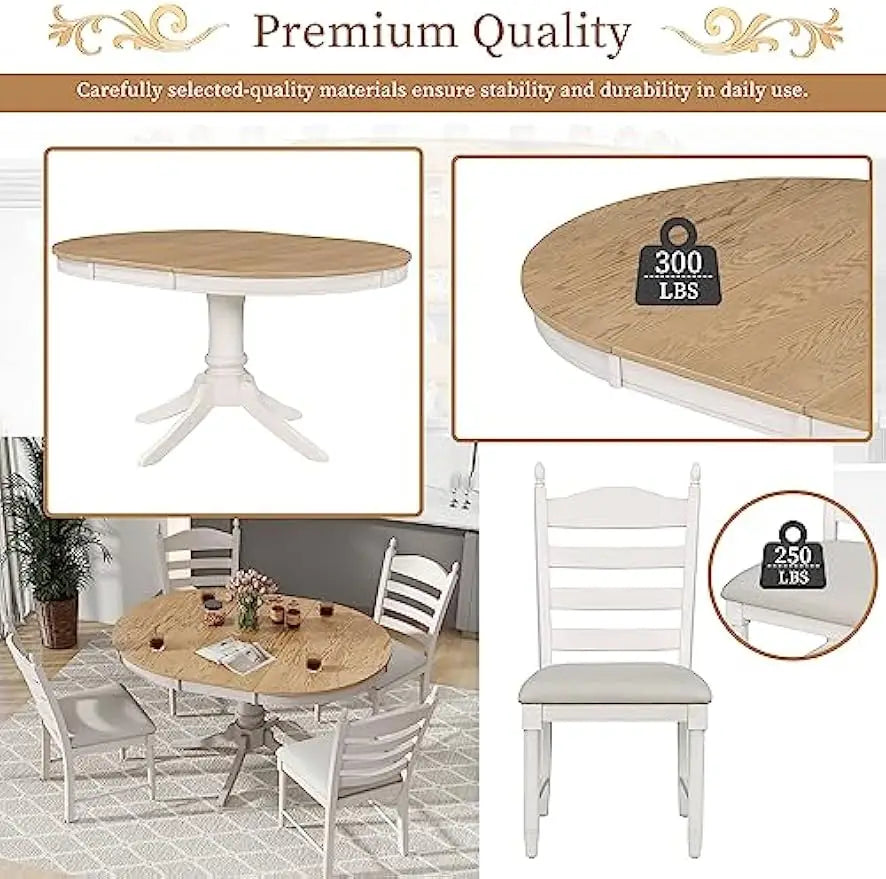 5-Piece Extendable Dining Set – Retro Solid Wood Table with 4 Ladder-Back Chairs, Woven Fabric Cushions, Off White