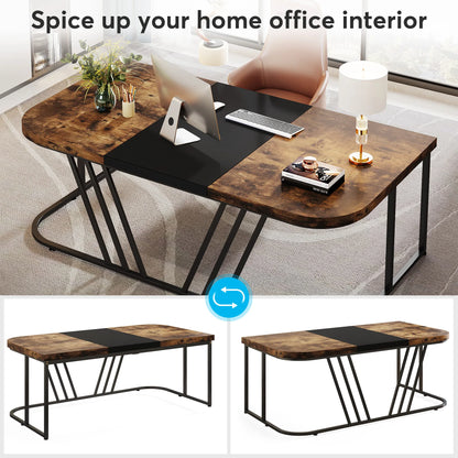 63-Inch Industrial Office Desk with Thickened Wood Top and Metal Base