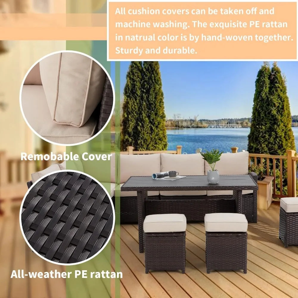 7-Piece Rattan Patio Furniture Set – Outdoor Sectional with Dining Table, Cushions, and Non-Slip Foot Pads